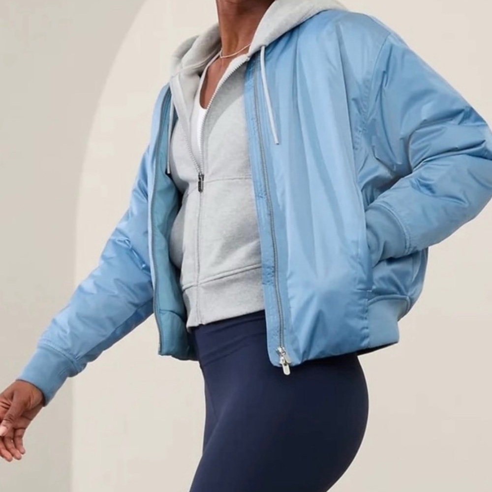 New NWT Athleta Sateen Bomber Jacket Coat Dusty Blue Women Size M Zip Pkt